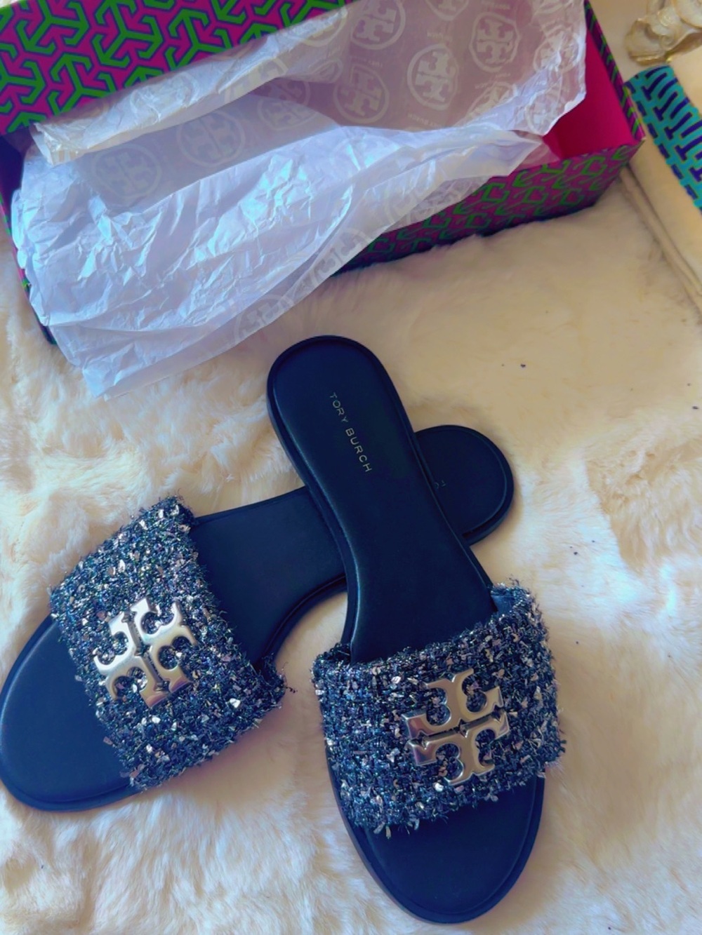 Tory Burch Black Tweed Logo Slide Sandals with Silver Emblem - Picture 5 of 5